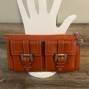 Luella Orange Leather Wallet Clutch Wristlet with Buckle Accents 7x3.75x1 EUC
